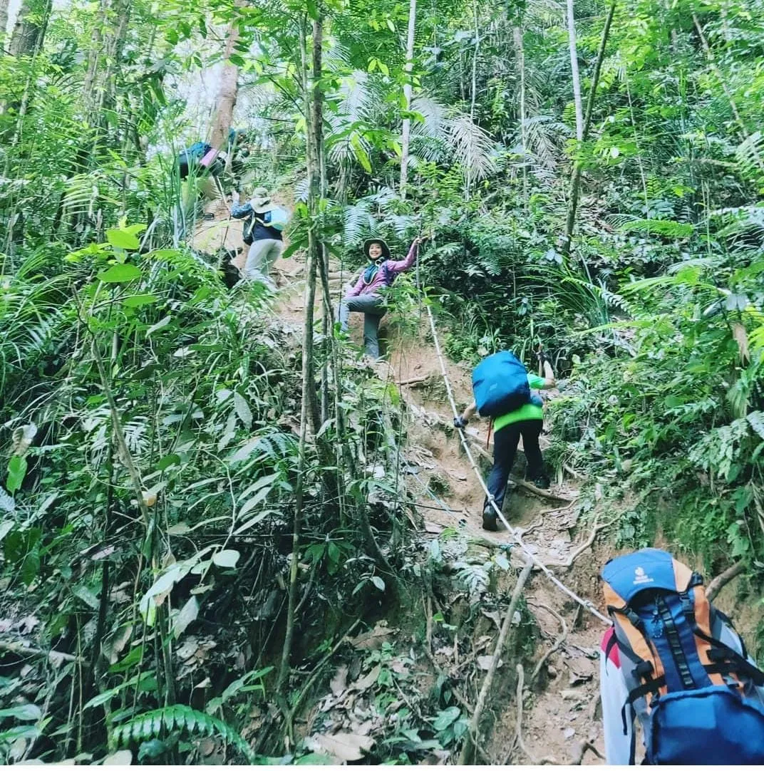 a group of women hiking up a mountain