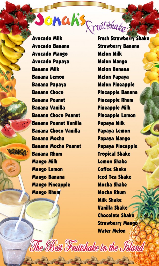 Boracay Jonah's fruitshake menu